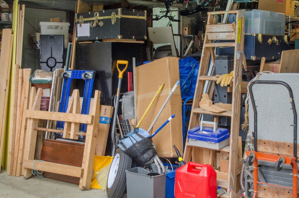 A garage full of storage items leaves no room for automobiles in Leonardtown, Maryland.