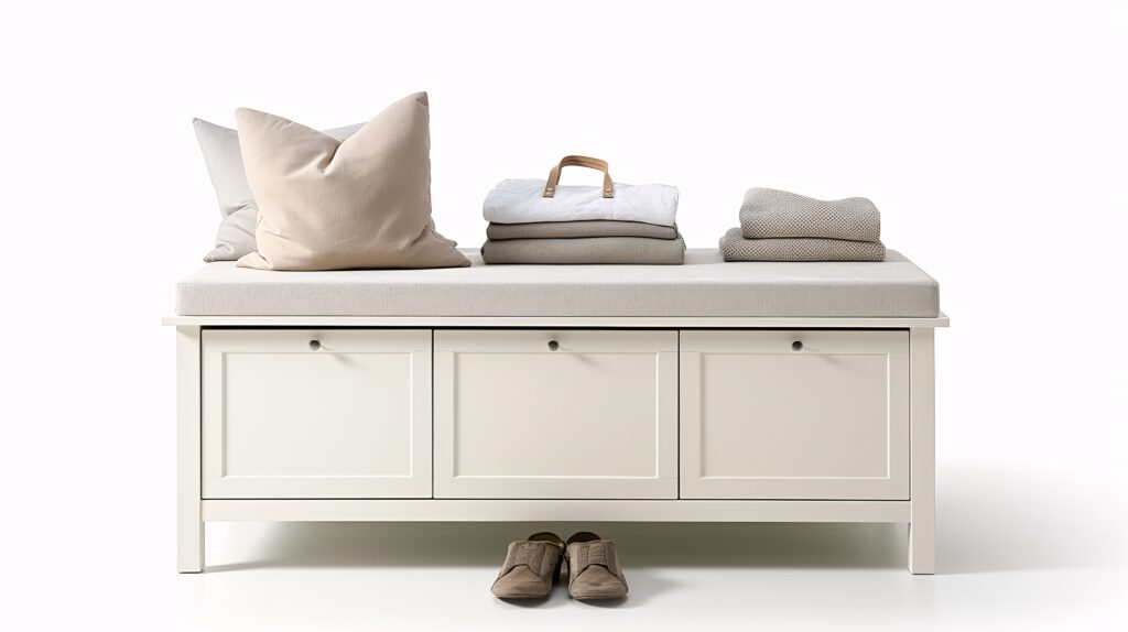 Minimalist white storage bench with soft cushions and folded blankets, offering a modern and organized look for any space.