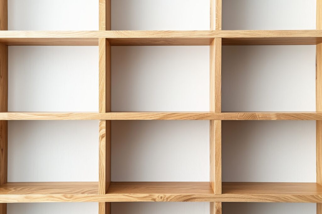 Empty wooden bookshelf providing storage space on white wall