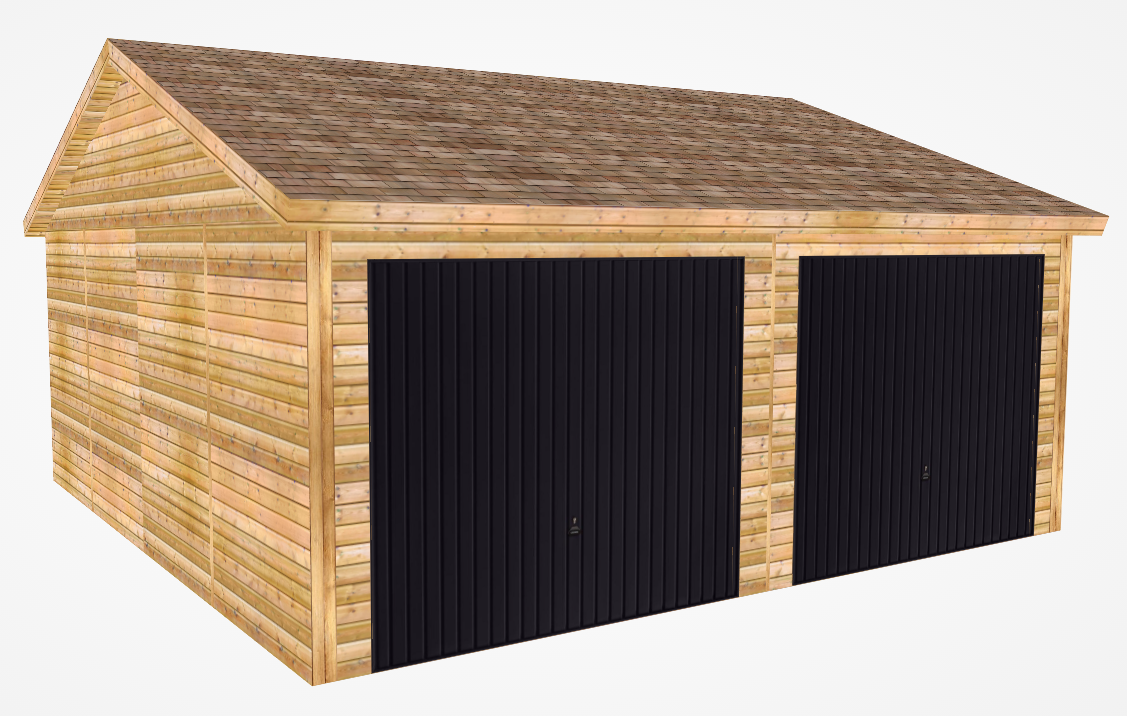 Design of wooden double garage with black doors