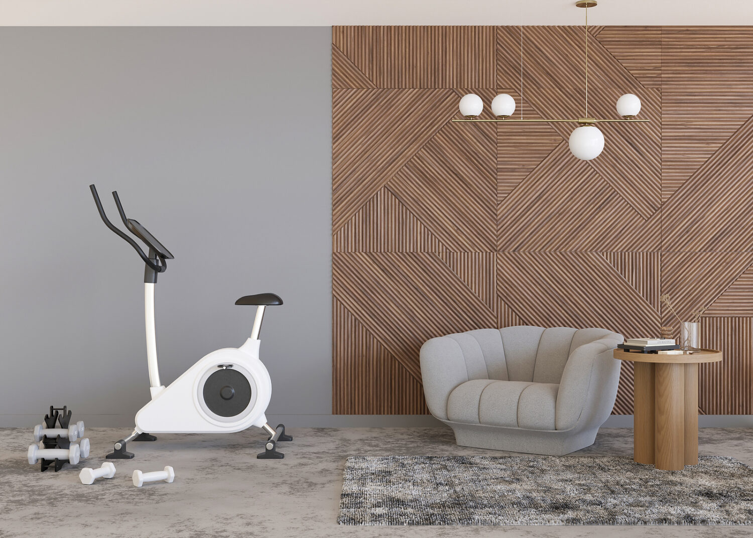 Modern room with fitness bike. Sport equipment in contemporary interior. Healthy lifestyle, sport, training at home concept. Stay fit. Home gym. 3D rendering
