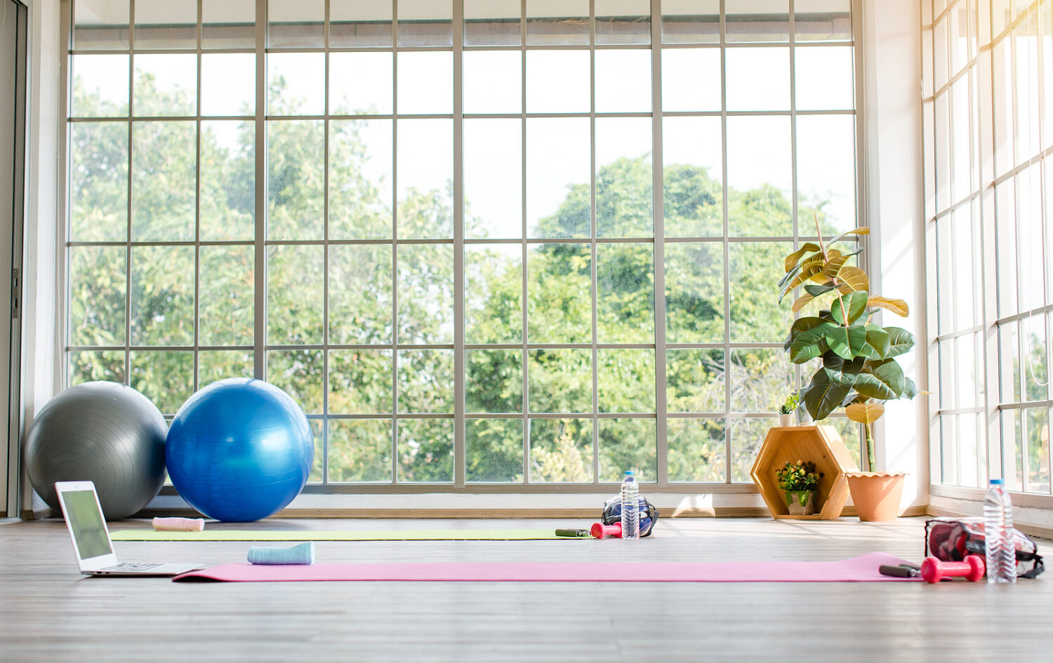 Concrete Yoga Gym Interior Equipment Daylight Wooden Flooring