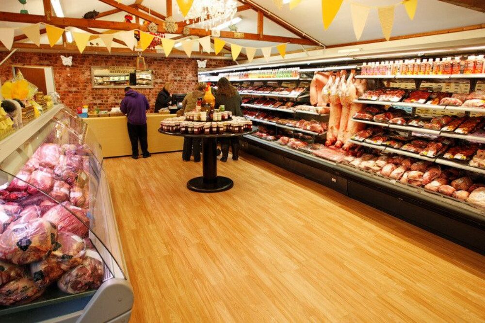 Inside shop with meat counters