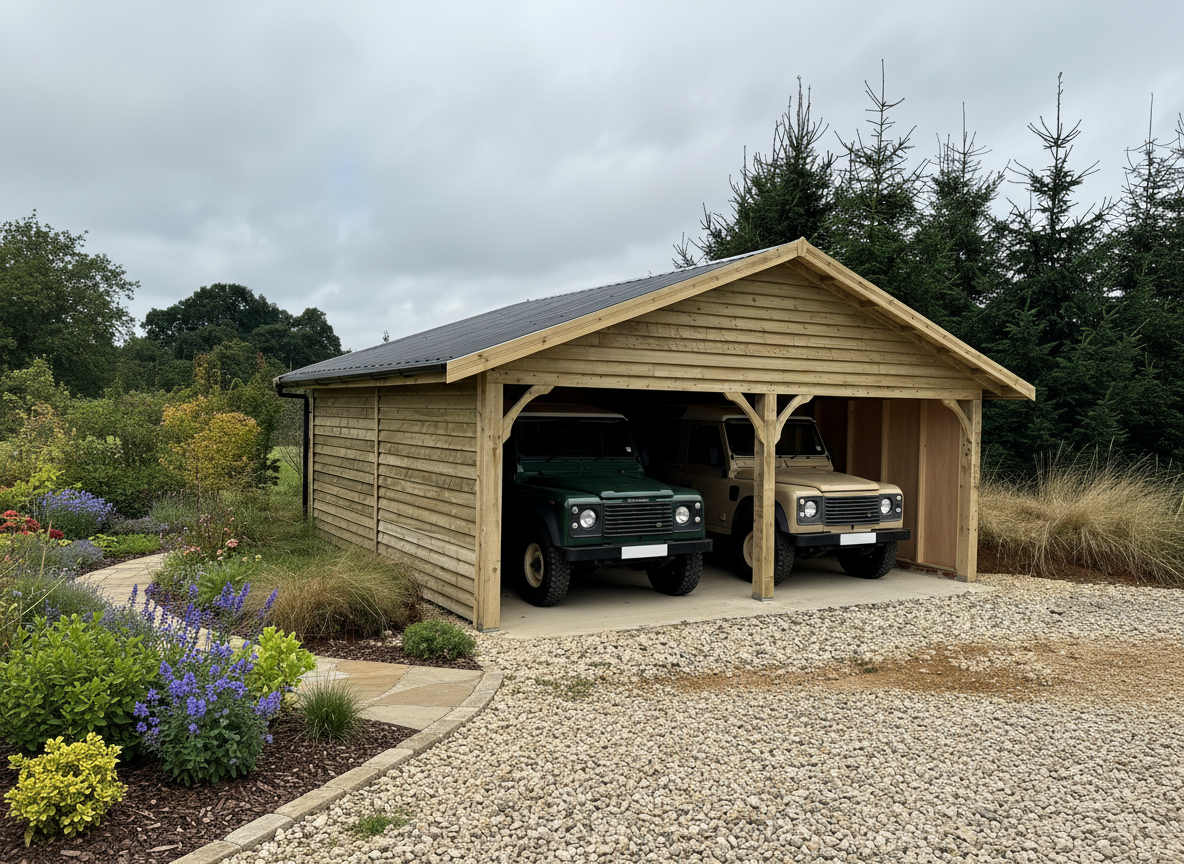 cart lodge with land rovers