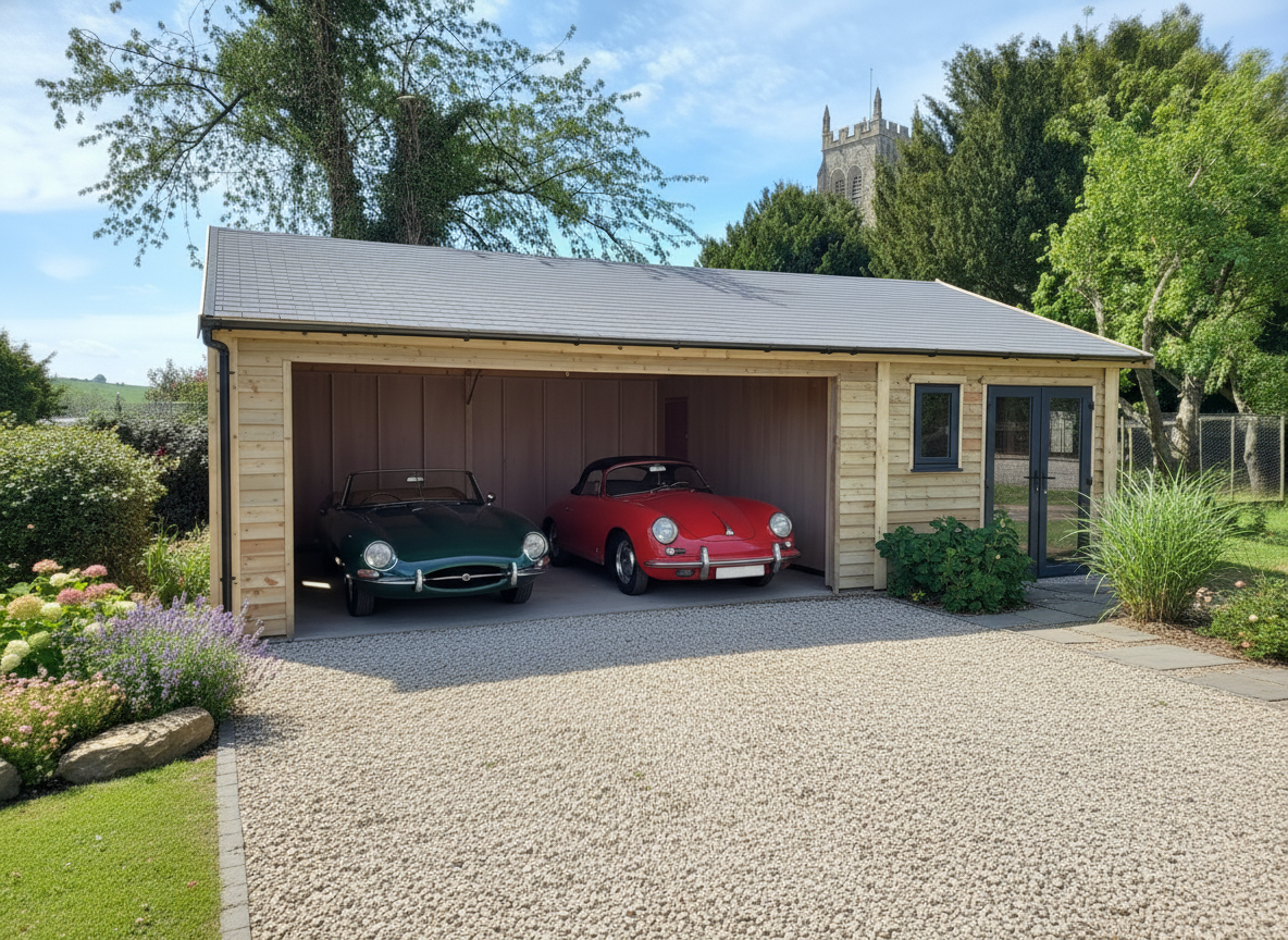 double garage with a large opening