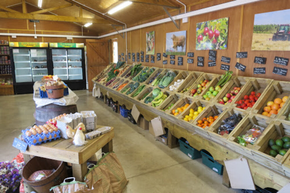 Fruit and veg stalls inside farm shop