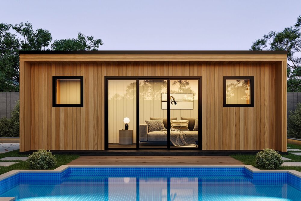 garden room in front of swimming pool