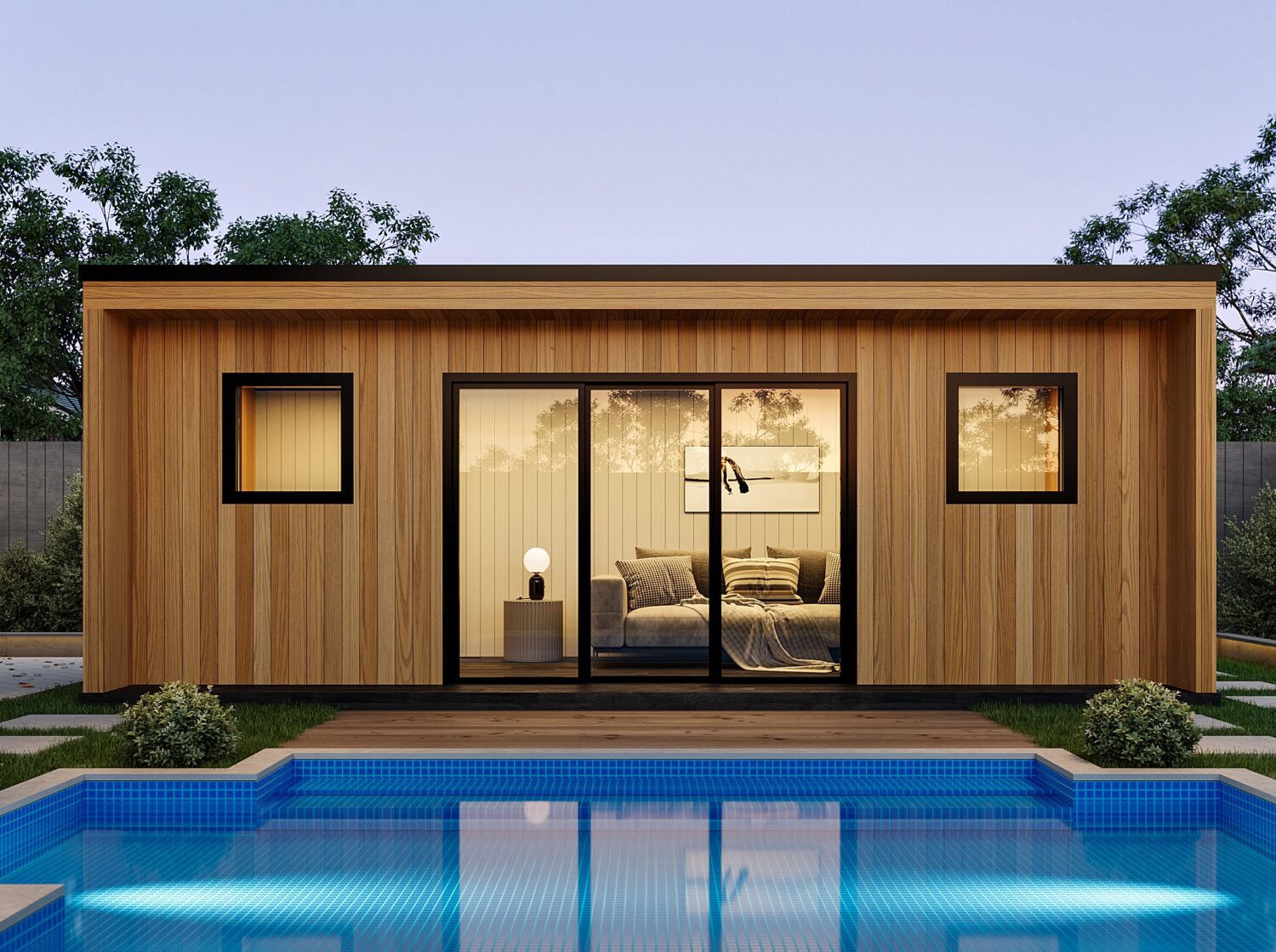 garden room in front of swimming pool