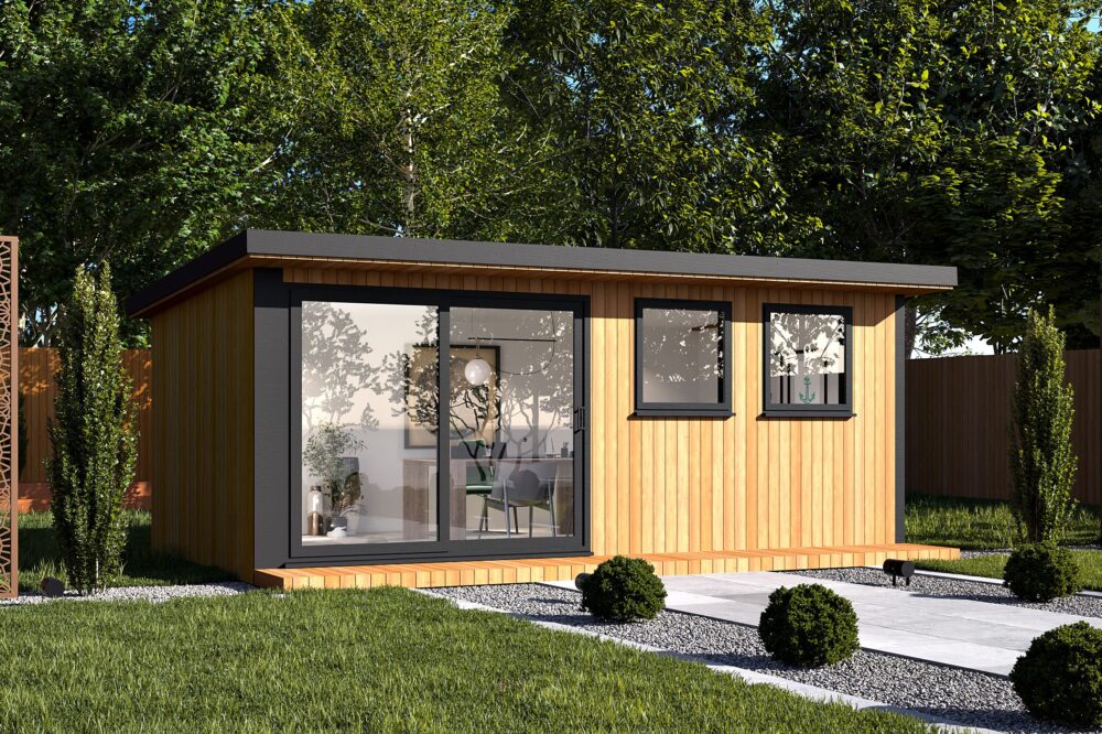 Modern timber garden office pod with vertical wooden cladding, black-framed sliding glass doors, two windows and a sleek flat roof in a landscaped garden.