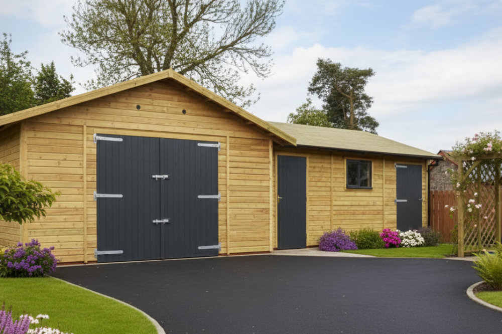 single wooden garage next to a work room