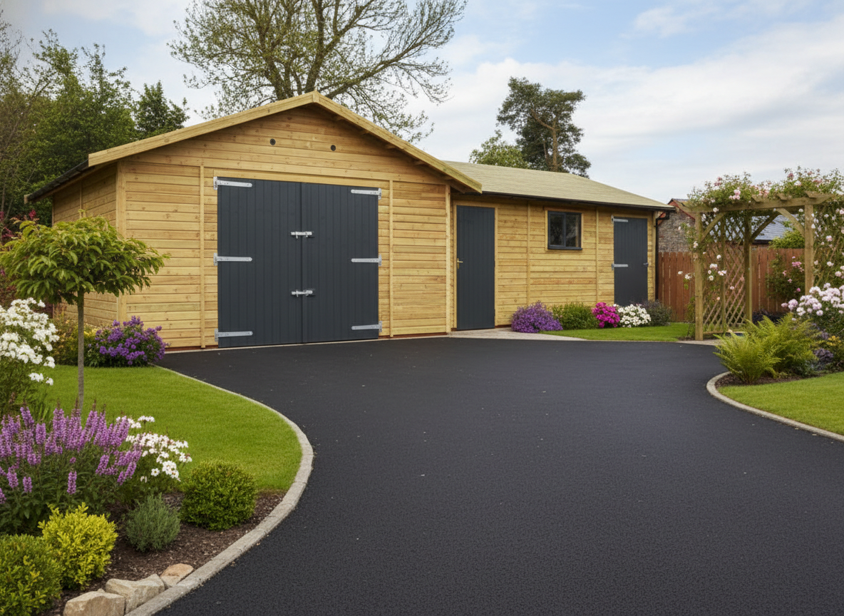 single wooden garage next to a work room