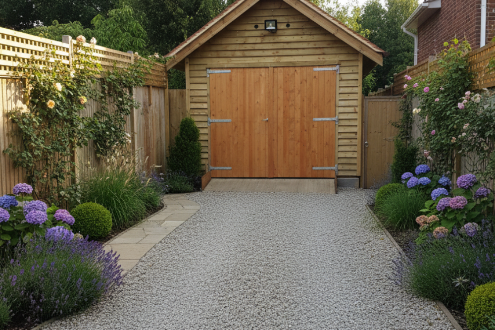 single timber garage with a clay tile roof