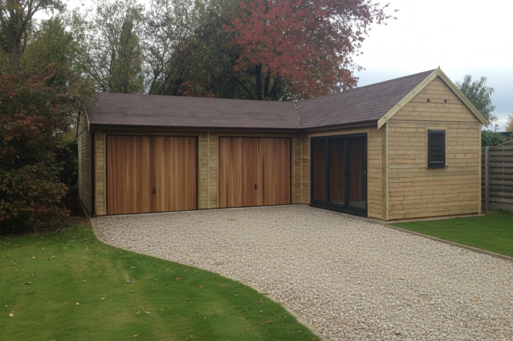 Corner style double garage and garden room