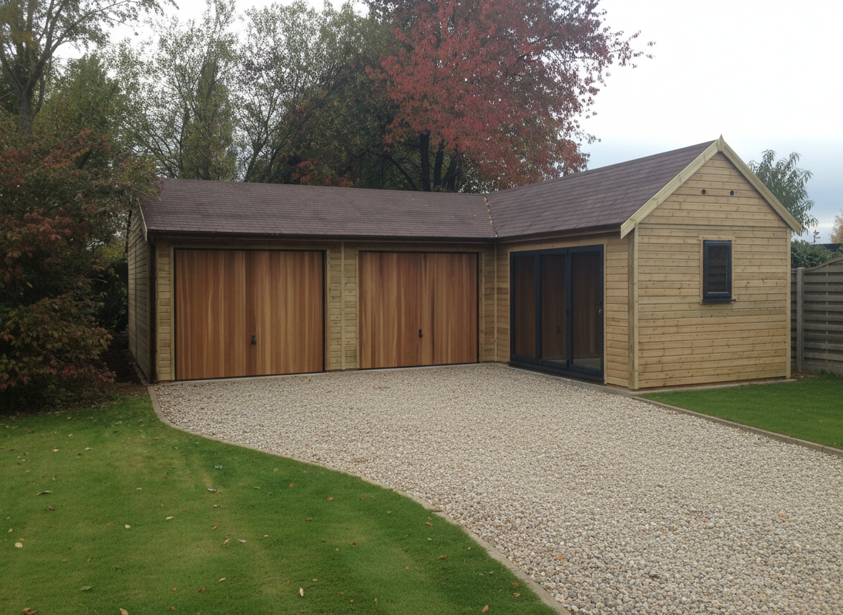 Corner style double garage and garden room