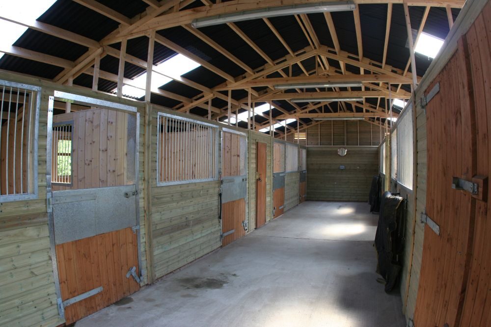 Interior of timber horse stable with wooden stall doors and concrete walkway