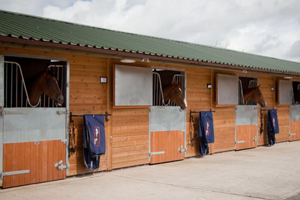 Timber horse stable yard with a green pitched roof, wooden stable doors and horses looking out from individual stalls.