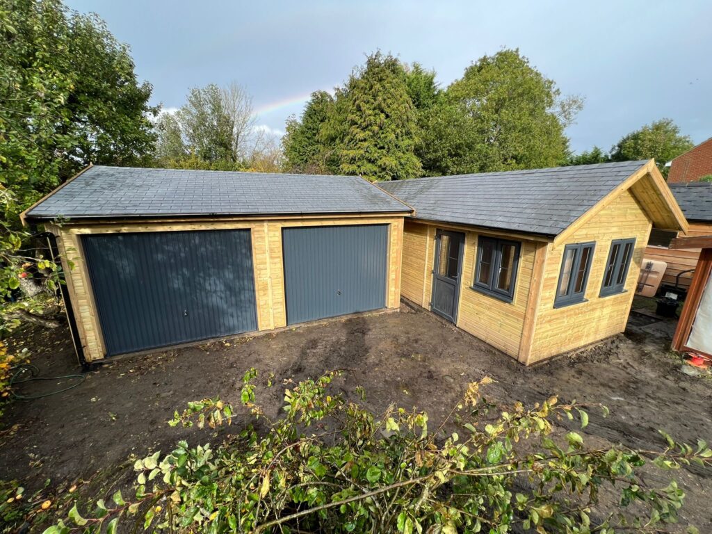 two wooden garages