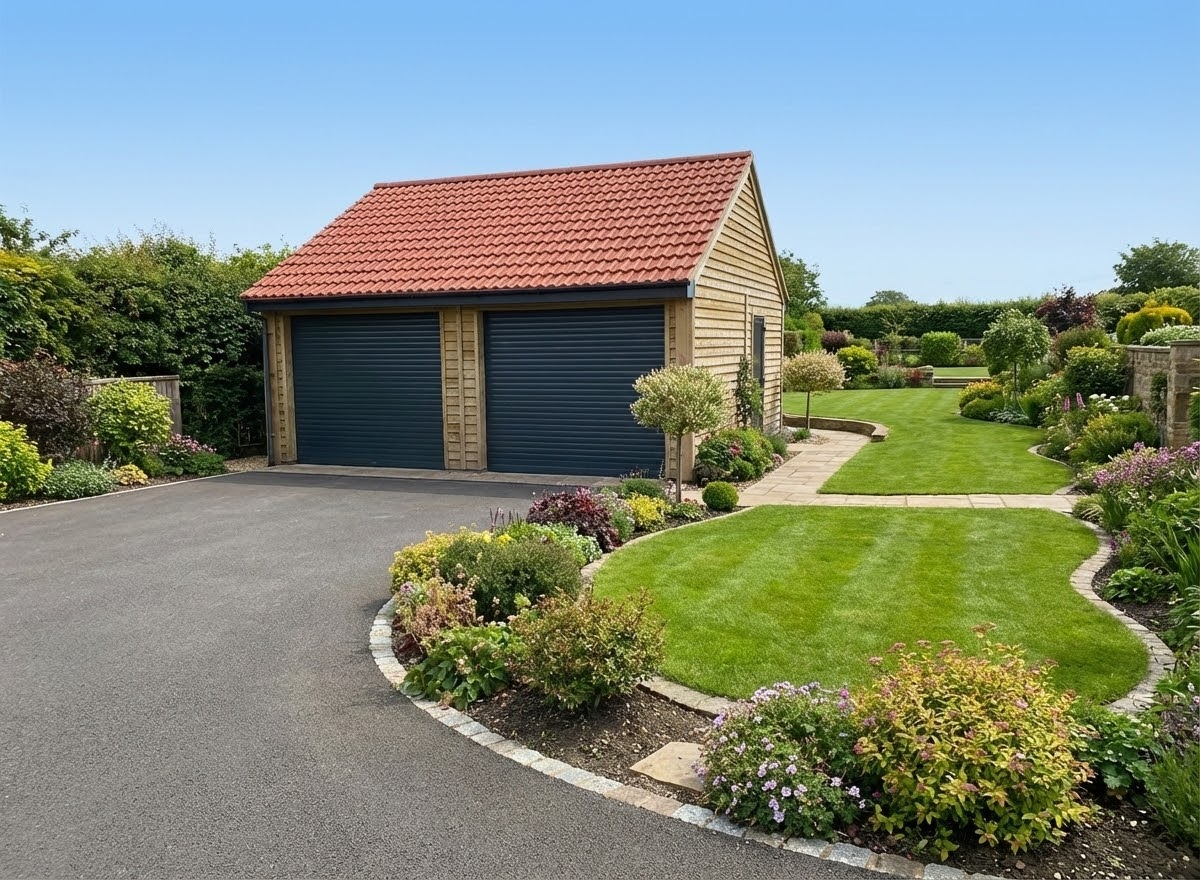 wooden garage with a tiled roof