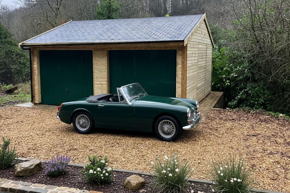 Wooden garage with a classic sports car