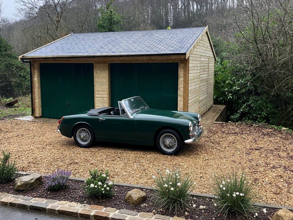 Wooden garage with a classic sports car